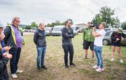Die Verantwortlichen des Open Airs Frauenfeld beim Medienrundgang. Wolfgang Sahli, VR-Präsident First Event AG, René Götz, CEO Open Air Frauenfeld, und Andre Lieberberg von Live Nation. (Bilder: Andrea Stalder)