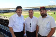 Das OK besichtigte am Samstag die Arena des «Innerschweizerischen» in Ruswil. Von links: Finanzchef Erich Planzer, OK-Präsident Franzsepp Arnold und Schwingklub-Präsident Christian Arnold. (Bild: PD)