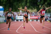   Bern sprinter Mujinga Kambundji (center) in his victory over the 100 meters in Lucerne, Image: Roger Grütter (9 July 2018) 