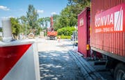 Frauenfeld TG - Der Strassenbauunternehmer Convia. Baustelle an der Kreuzung Brotegg- und Generalweberstrasse.