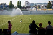 Der Kunstrasen im Bergholz muss gewässert werden, will man verhindern, dass er sich zu stark erhitzt. (Bild: Ralph Ribi)