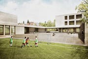 So soll die neue Schulanlage Sonnenrain in Wittenbach dereinst aussehen. Nebst einem Primarschulhaus und einem Kindergarten entsteht auch eine Dreifachturnhalle und eine Aula. (Visualisierung: PD)