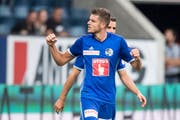 Pascal Schürpf feiert das 2:1 gegen den FC Lugano. (Bild: KEYSTONE/Urs Flüeler (Luzern, 4. August 2018))