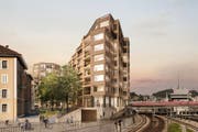 Projekt «Luegisland» am Bundesplatz: Blick von den Geleisen auf Gebäude (Mitte), Grünanlage und Wohn- und Geschäftshaus (von Süden her). (Bild: Visualisierung HRS Real Estate AG / Nightnurse Images)