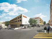 Visualisierung der neuen Migros Herisau mit Aussenbereich des Restaurants von der Oberdorfstrasse her gesehen. Der Restauranteingang ist auf dieser Seite ebenerdig. (Bild: Visualisierung: Migros Ostschweiz)