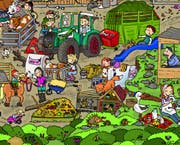 Ausschnitt eines Wimmelbildes im Buch "BUUREHOF erläbe". (Illustration: Vida Sprenger)