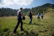 Simon, Flix und Mi entfernen den Zaun aus den «Schwerli», Fränz rollt den Zaun ein. Bild: Corinne Glanzmann (Flühli, 8. August 2017)