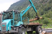 Am Erlebnistag durften interessierte Kinder Holzträmel verladen. (Bild: Paul Gwerder, Bristen, 25. August 2018)
