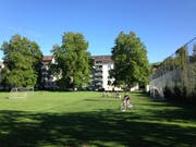 Am Sonntagnachmittag spielen Kinder auf der Sömmerliwiesen in der Lachen. Das Provisorium kommt vor die Platanen im Hintergrund und damit parallel zur Schönaustrasse zu stehen. (Bild: Reto Voneschen - 26. August 2018)