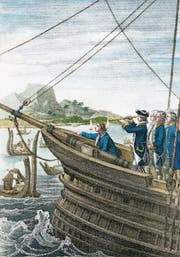 James Cooks «Endeavour» erreicht Tahiti am 13. April 1769 (Stahlstich von Carl Mayer, um 1845). (Bild: Keystone)