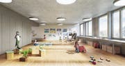 So sollen die Kindergarten- und Kinderbetreuungsräume im Erweiterungsbau künftig aussehen. (Bild: Visualisierung: PD)