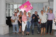 Das OK der Jazzmeile freut sich auf die nächste Ausgabe: Ehrenpräsident Kurt Lauer, Eckbert Bohner, Sabine Köhler, Martina Meisenberg, Ingrid Bellaggio, Präsident Harry Tschumy, Dieter Bös und Stefan Zürcher. (Bild: Annika Wepfer)