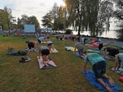 Schweisstreibend und meditativ: Rund 30 Personen treffen sich zur Yoga-Session am Feierabend. (Bild: Jolanda Riedener)