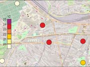 Die Karte zeigt die Lufttemperatur in Bern zwischen 22 Uhr am 31. Juli und 6 Uhr am 1. August 2018. (Bild: Universität Bern, Geographisches Institut)