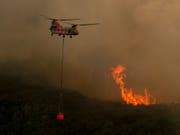 Ein Helikopter transportiert Wasser zu dem Waldbrandgebiet bei der Stadt Lakeport im Norden Kaliforniens. (Bild vom 31. Juli) (Bild: KEYSTONE/FR34727 AP/NOAH BERGER)