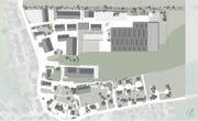 Blick senkrecht von oben nach unten auf das geplante Neubauprojekt «Holzkompetenz Lenggenwil» (Mitte-rechts oben im Bild).