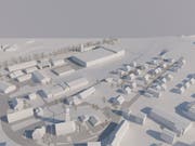 Der geplante Neubau (Bildmitte ganz oben) aus der Vogelperspektive von Süden Richtung Norden: Im Vordergrund ist die Kirche mit Dorfplatz, im Hintergrund die Baumreihe entlang des Brübachwegs ersichtlich. Der Neubau ist parallel zum Brübach angeordnet. (Visualisierungen: PD)