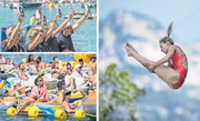 Preisrichter (oben) und Zuschauer (unten) beobachten die Kanadierin Lysanne Richard beim Sprung. Bilder: Pius Amrein (Sisikon, 4. August 2018)