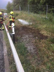 Die Feuerwehrleute wässern bei der Autobahnausfahrt Goldau dem Boden. (Bild: Kantonspolizei Schwyz)