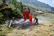 Zu heiss, zu trocken: Die Schweizer Armee beliefert per Helikopter eine Alp mit Wasser für die Kühe. (Bild: Ennio Leanza/Key (Schänis, 3. August 2018))