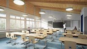 Eine Visualisierung eines sanierten Schulzimmers im bereits bestehenden Schulgebäude. Visualisierung: PD