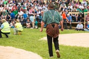 Martin Grab bei seinem letzten Schwinget, dem Schwyzer Kantonalen im Mai in Sattel. (Bild: Alexandra Wey/Keystone)