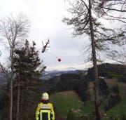 Ein Helikopter warf fünf Wasserladungen ins Waldgebiet Maton. (Symbolbild: Kapo SG)