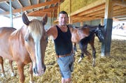 Landwirt Roland Hugentobler steht neben einem Gandenbrotpferd im offenen Stall. (Bild: Mario Testa)