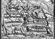 Ansicht der Stadt Zug in der Chronik des Johannes Stumpf 1547. Der Geissweidturm ist der Rundturm am linken Bildrand. Bild: PD