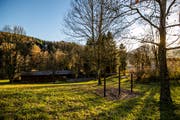 Die Hochhüsliweid mit Holzhütten und Spielplatz im Würzenbachquartier Luzern. (Bild: Philipp Schmidli, 22. November 2017)