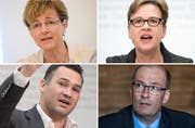Nationalräte auf Konfrontationskurs: Verena Herzog (SVP, oben links) lehnt den Steuerdeal entschieden ab, Marcel Dobler (FDP, unten links) äussert sich kritisch, Edith Graf-Litscher (SP) und Markus Ritter (CVP) werben für den Kompromiss. (Bilder: Gian Ehrenzeller, Peter Schneider, Lukas Lehmann, Patrick Hürlimann/KEY)