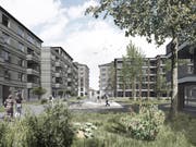 Sollen Ballwils Zentrum prägen: Vorne die Wohnhäuser mit fünf Etagen, hinten jene mit sieben respektive sechs Stockwerken. (Visualisierung: PD)