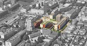 Die Luftaufnahme zeigt das Geviert (farbig) im Guthirt-Quartier: Im hinteren Bereich links soll das Hochhaus entstehen. (Bild: PD/Stadt Zug)