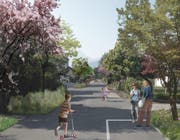 So wird's in der Kuonimatt kaum: Verkehrsberuhigende Gestaltungselemente und Bäume entlang der Strasse wie von den Planern vorgeschlagen, kommen schlecht an - es handelt sich um Privatstrassen. (Visualisierungen: PD)