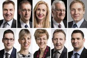 Sie waren gegen den Deal: (obere Reihe, v.l.) Toni Brunner, Roland Büchel, Barbara Keller-Inhelder, Thomas Müller, Lukas Reimann; (untere Reihe, v.l.) David Zuberbühler, Diana Gutjahr, Verena Herzog, Markus Hausammann und Marcel Dobler.