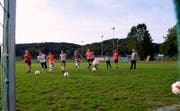 Am Schusstraining haben die Fussballerinen Spass.