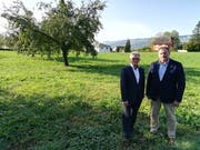 Auf dieser Wiese hinter dem Alters- und Pflegeheim Chrüzmatt in Hitzkirch soll das Mehrgenerationenprojekt zu stehen kommen. Im Bild von links: Cornelius Müller, Präsident des Gemeindeverbandes Chrützmatt Hitzkirchertal, und Raymond Neumann, Geschäftsführer des Chrüzmatt. (Bild: Niels Jost, 19. September 2018)