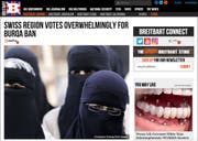   The St Gallen ban on Burqa abroad is important abroad, for example on the right-hand American Breitbart platform. (Photo: Screenshot Breitbart.com) 