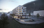 So soll das neue Wohn- und Geschäftshaus Reussacher westlich des Bahnhofs Altdorf dereinst aussehen. (Illustration: CSA Gruppe AG)