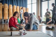 Kinder und Eltern programmieren auf dem iPad selbständig ihre Roboter für die vorgesehene Strecke. (Bild: Hanspeter Schiess)