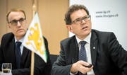 Finanzchef Urs Meierhans und Regierungsrat Jakob Stark stellen das Budget 2019 und den Finanzplan 2020 bis 2022 des Kantons Thurgau vor. (Bild: Reto Martin)