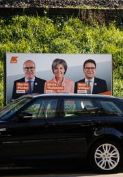 Wahlplakat von Martin Pfister, Silvia Thalmann und Beat Villiger. (Bild: Stefan Kaiser, Menzingen, 27.09. 2018)