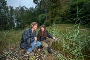 Marie-Louise Kieffer von der Koordinationsstelle für Amphibien- und Repilienschutz (links) und Stefanie Pfefferli, Leiterin des Naturlehrgebiets Buchwald. Zusammen suchen sie im Buchwald nach Schlangen. (Bild: Pius Amrein (Ettiswil, 31. August 2018))