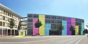 So stellen sich die Initianten das Museum Modi (rechts im Bild) von aussen vor. Direkt dahinter liegt die Shedhalle, wo es diverse Zwischennutzungen geben soll. (Visualisierung: PD)