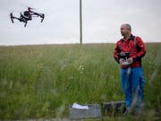 Pilot Ueli Sager fliegt eine Drohne im Rahmen eines Pilotprojektes zur Rettung von Rehkitzen. Auf jeder zweiten Wiese konnte ein Jungtier aufgespürt werden. (Bild: KEYSTONE/GIAN EHRENZELLER)