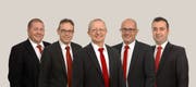 Die Bankleitung der Raiffeisen Aadorf: Philipp Leutenegger, Leiter Wertschriften- und Anlageberatung, René Blöchlinger, Leiter Kundenberatung, Peter Bühler, Direktor, Patrick Müller, stellvertretender Direktor, und Anton Sopi, Leiter Kredite. (Bild: ZVG)