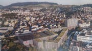 Blick aus Richtung Osten auf die geplante Überbauung mit dem niedrigeren Prodega-Gebäude links. (Visualisierung: Business Images AG)