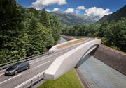 Die WOV soll mit einer Brücke über den Schächen geführt werden. (Visualisierung: Baudirektion Uri)
