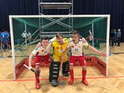Die Luzerner Jonathan Appel, Timo Bütler und Nick Schwehr (von links) feiern den dritten Platz. Bild: pd (Wien, 13. Januar 2018)