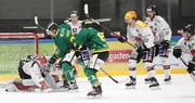 Die Thurgauer (Joel Moser und Jan Vogel vor dem Visper Goalie Sascha Rochow) erkämpften sich die drei Punkte gegen die Walliser redlich. (Bild Mario Gaccioli)